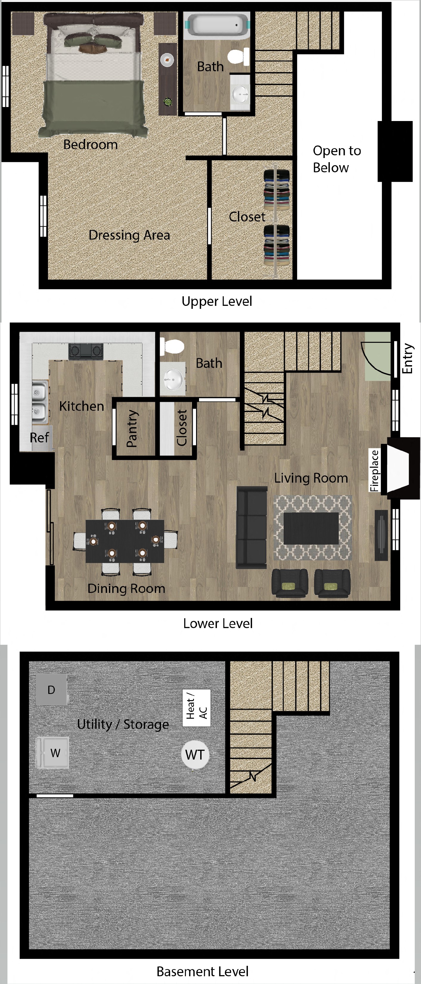 Floor plan for 1 bed, 1.5 baths, 1250 sqft